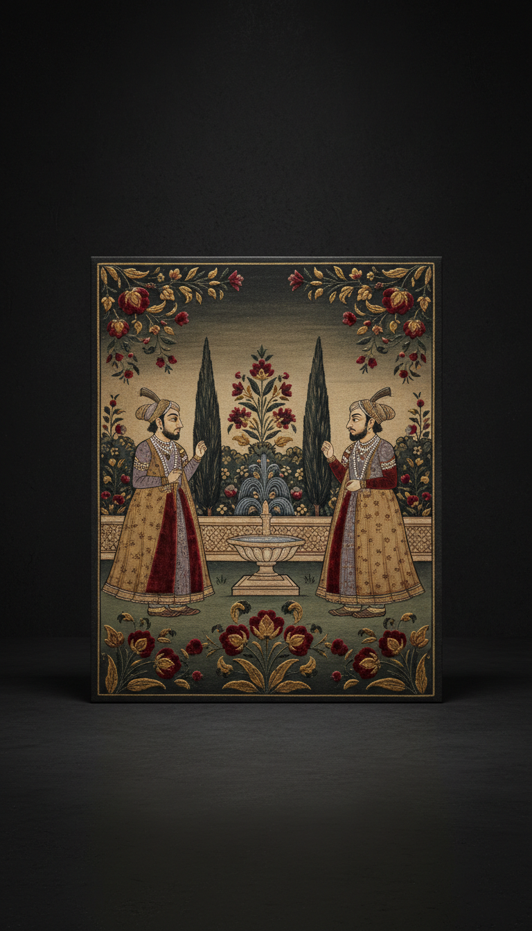 Mughal garden painting velvet-embellished