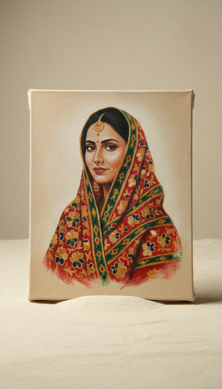 Bride in Phulkari Shawl Portrait Canvas