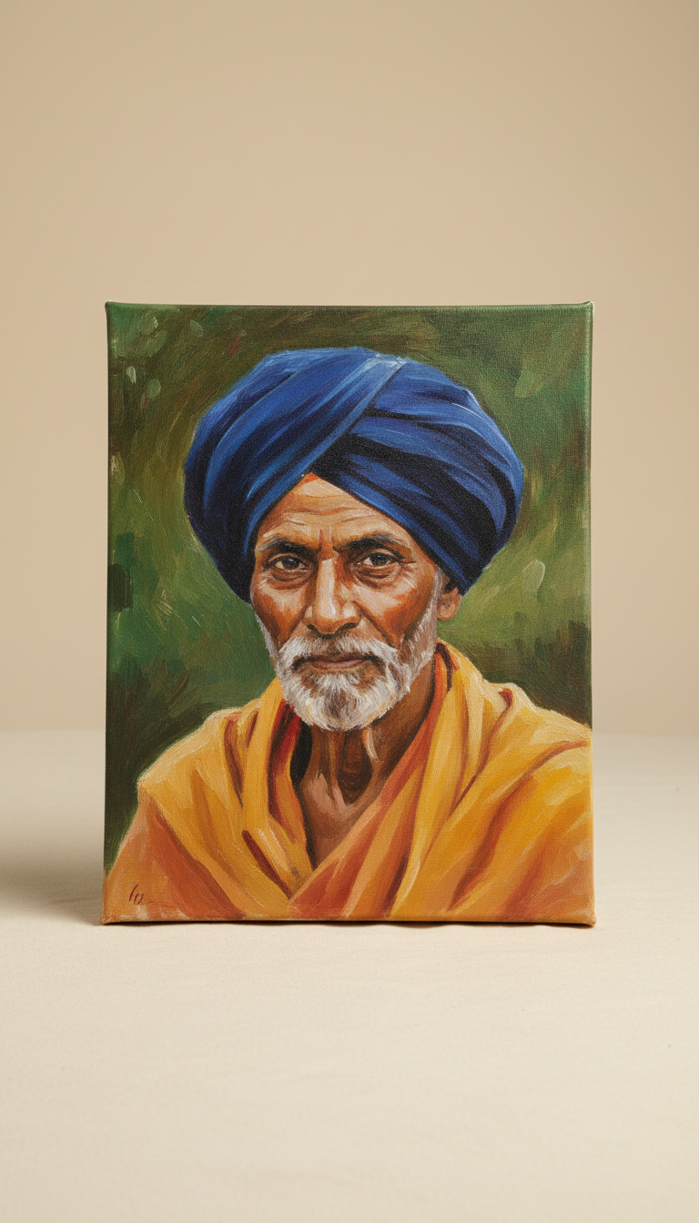 Elder Portrait Indigo Turban Canvas